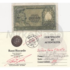 50 lire Italia elmata 21 12 1951 periziata Rossi Riccardo 